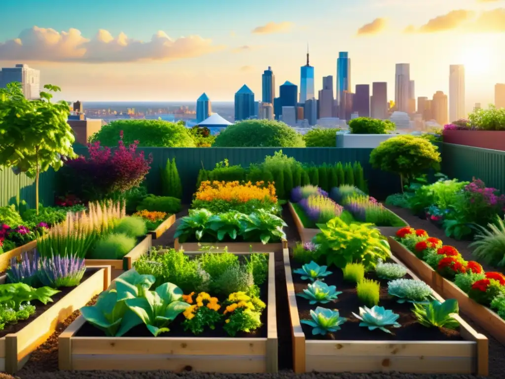 Jardín urbano vibrante con plantas verdes exuberantes, verduras coloridas y flores vibrantes