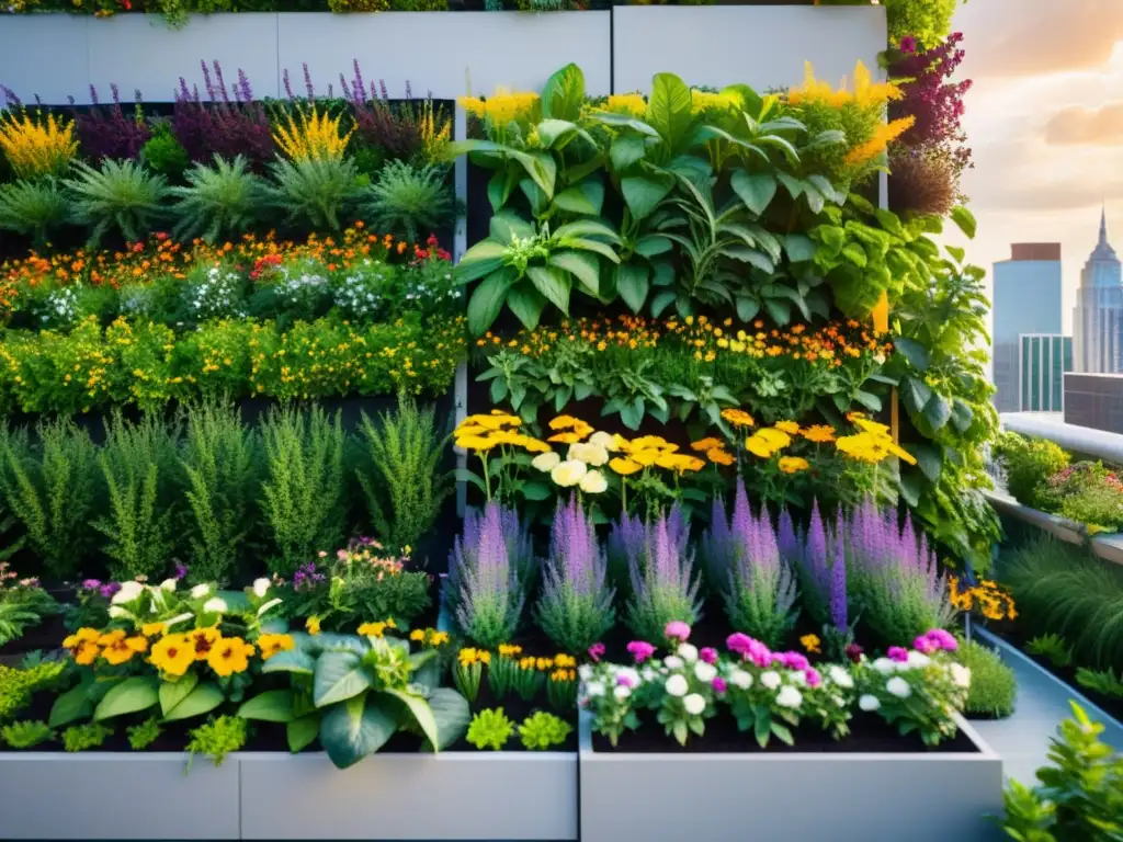 Un jardín urbano vibrante con plantas verdes, flores coloridas y polinizadores, rodeado de modernos rascacielos