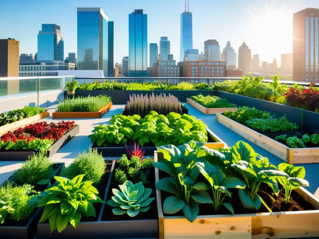 Un jardín urbano vibrante y productivo, con frutas, verduras y hierbas en un entorno moderno