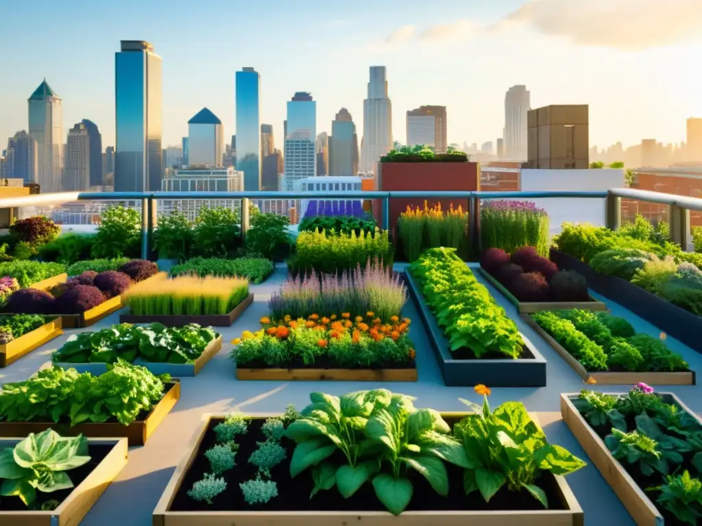 Un jardín urbano vibrante y productivo, con verduras y flores en cumplimiento legal agricultura urbana, bañado en luz dorada de la ciudad