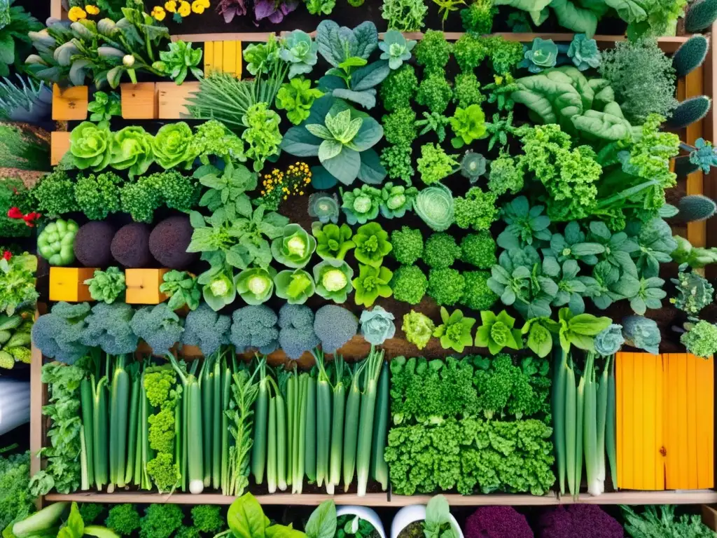 Un jardín urbano vibrante y próspero con una diversidad de alimentos orgánicos, huertos sostenibles y vida silvestre