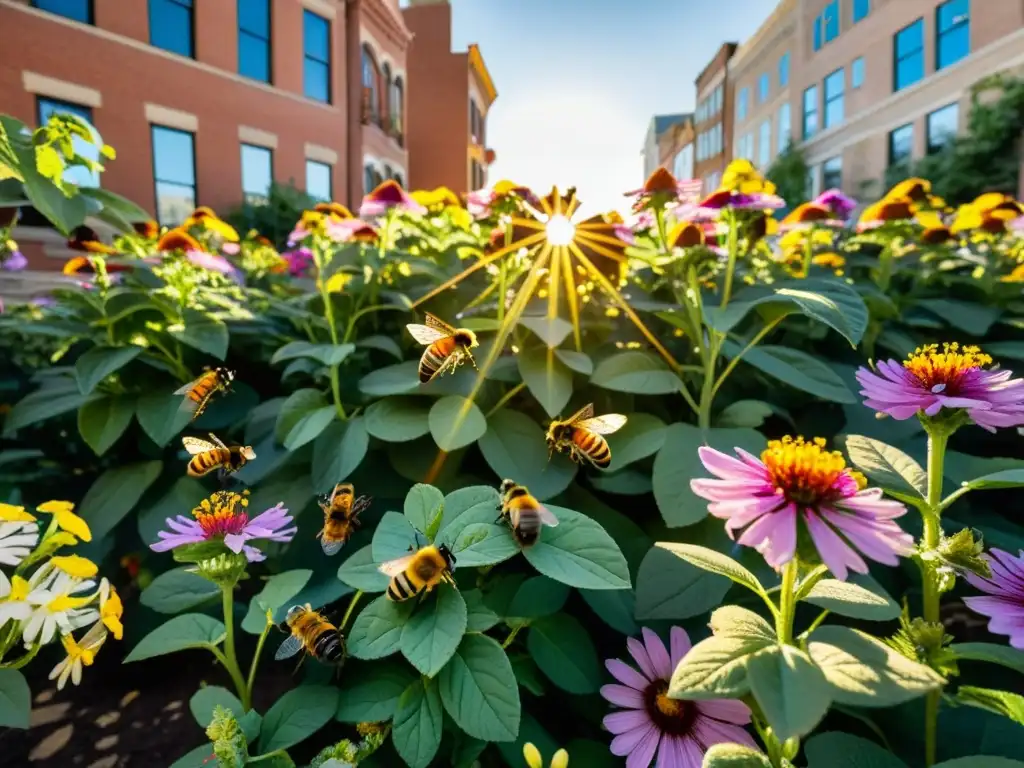 Un jardín urbano vibrante rebosante de coloridas flores, abejas y mariposas, con una estética moderna y sofisticada