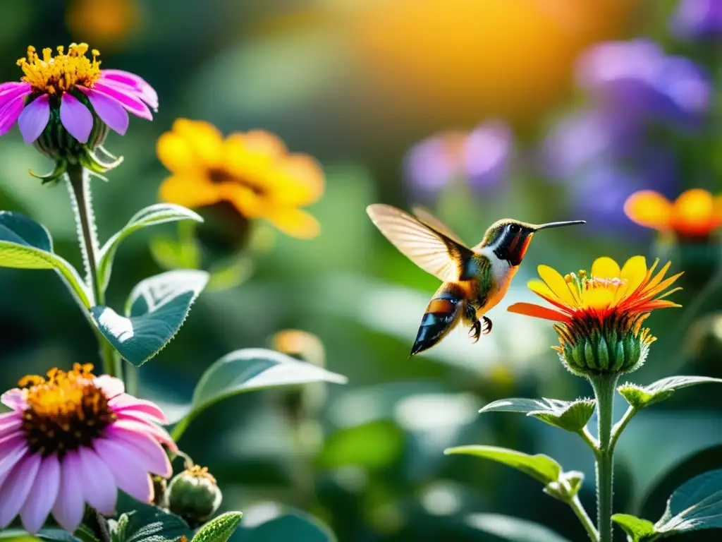 Un jardín urbano vibrante rebosante de vida y color, con polinizadores como abejas, mariposas y colibríes