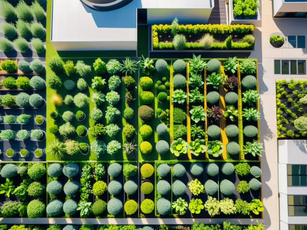 Un jardín urbano vibrante rodeado de rascacielos modernos