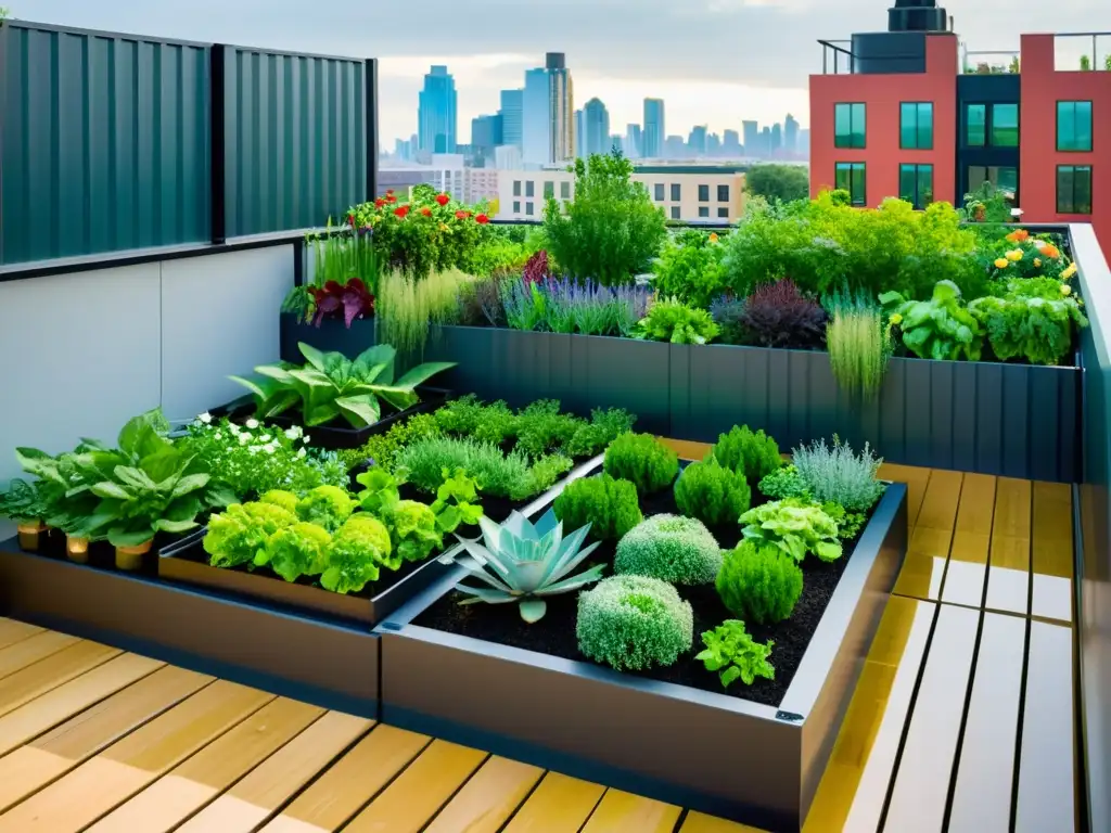 Un jardín urbano vibrante con sistema sofisticado de cosecha de agua de lluvia, resaltando los beneficios para huertos urbanos