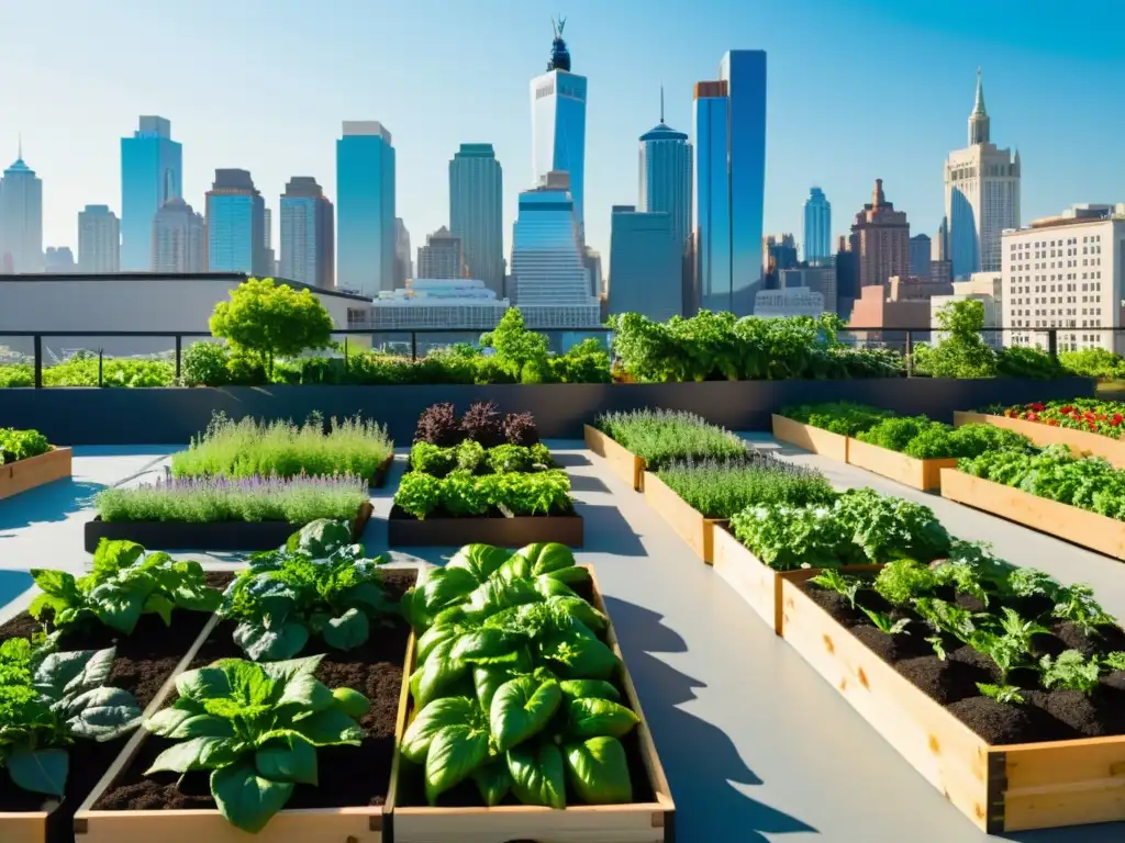 Jardín urbano vibrante y sostenible con hileras de vegetales y hierbas, bañado por la luz del sol