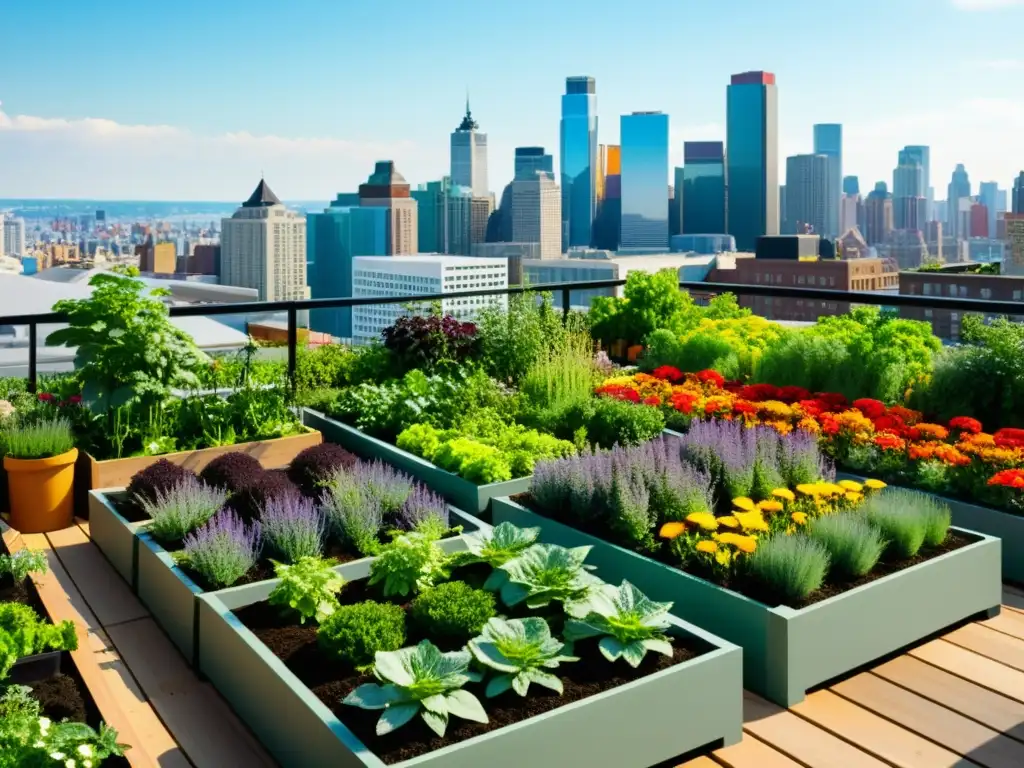 Un jardín urbano vibrante y sostenible, con huertos organizados y colorida vegetación, integración huertos urbanos diseño sostenible