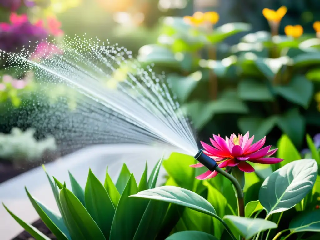 Un jardín urbano vibrante y sostenible, resaltado por un sistema moderno de riego programable