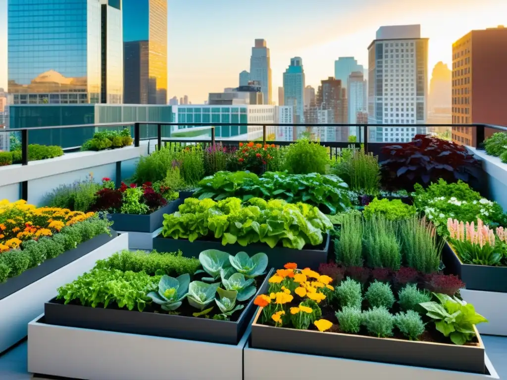 Un jardín urbano vibrante y sostenible con vegetación variada y modernos rascacielos al fondo