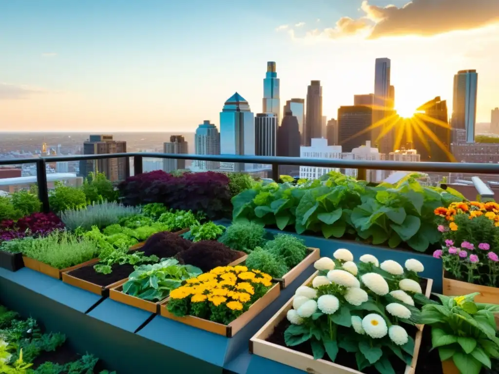 Jardín urbano vibrante y sustentable, con compostaje urbano y permacultura, enriquecido con vegetales, flores y verdor, bañado por la luz solar