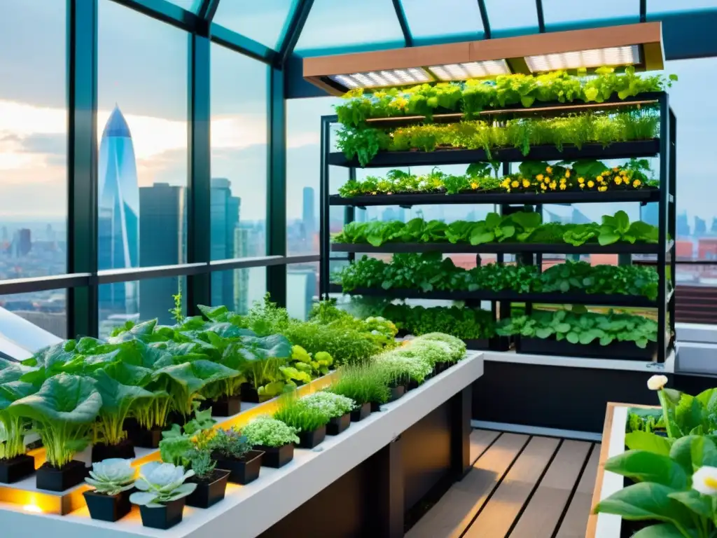 Huerto urbano futurista: oasis sostenible en la ciudad Un jardín urbano vibrante con tecnología hidropónica y acuaponía, beneficios de combinar acuaponía y tecnología hidropónica