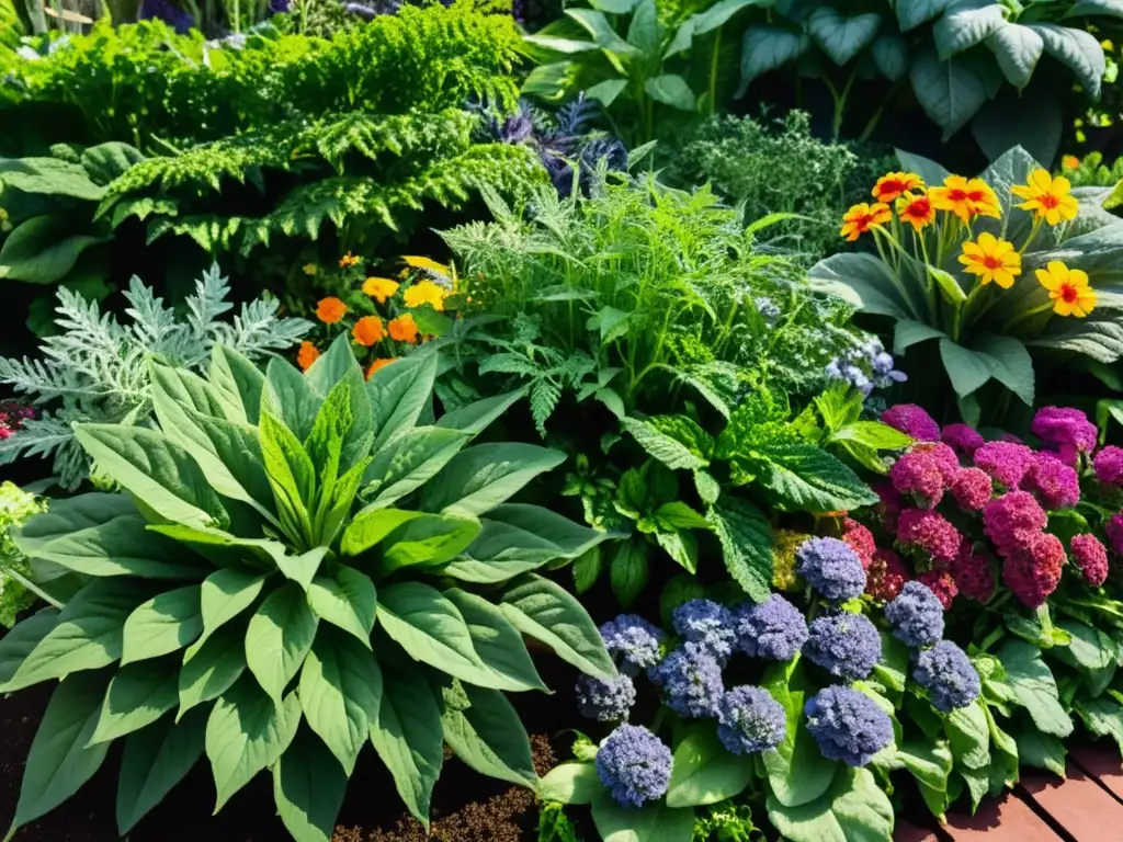 Un jardín urbano vibrante con tecnología para aumentar la productividad de los cultivos urbanos, contrastando con la arquitectura moderna de la ciudad