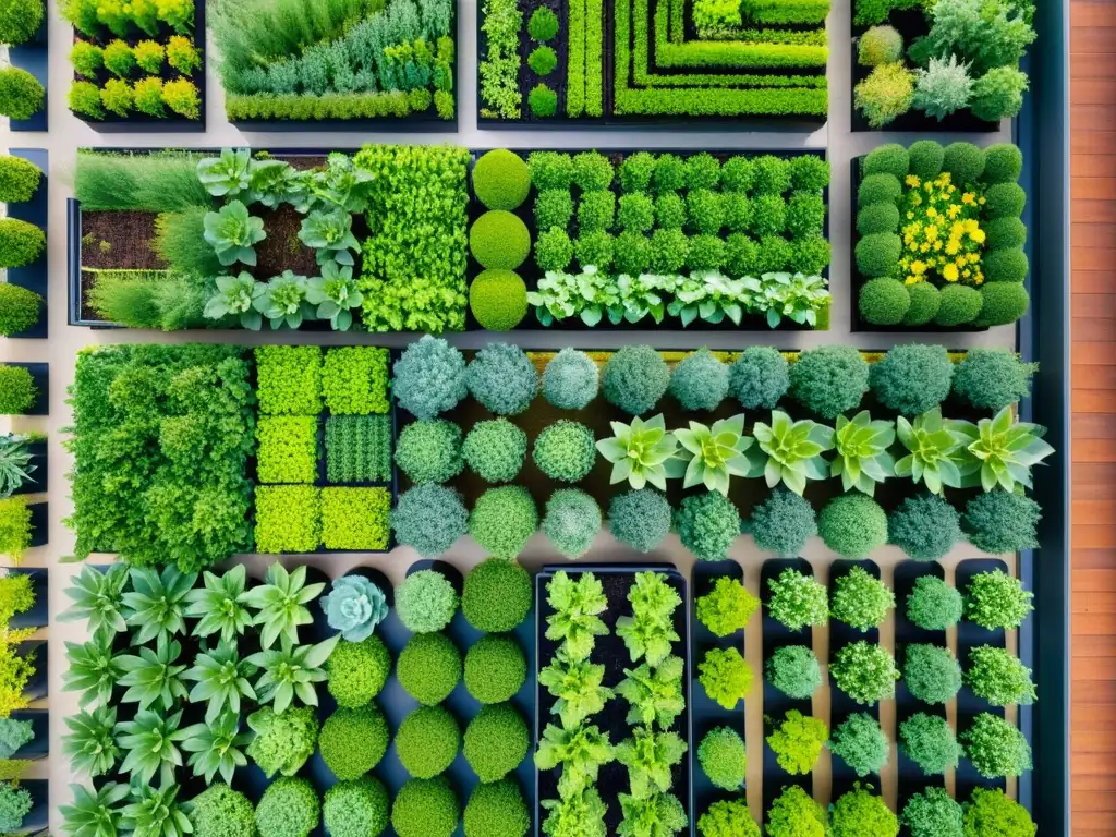 Un jardín urbano vibrante con tecnología para aumentar productividad cultivos urbanos, mostrando un diseño innovador y eficiente