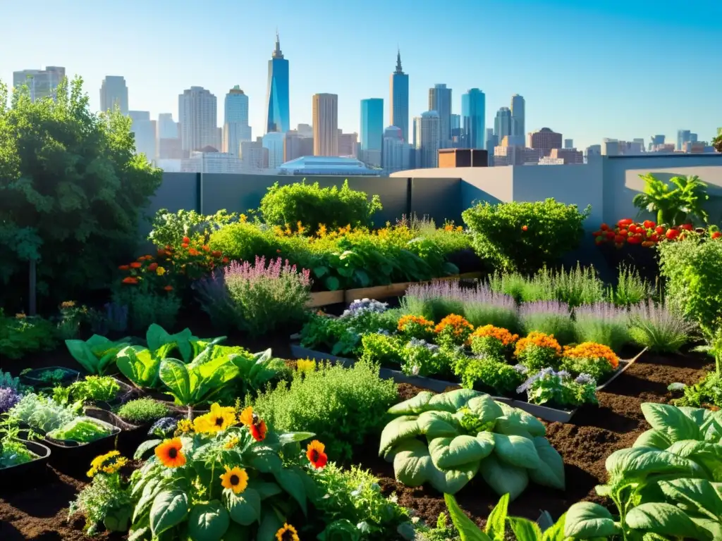 Un jardín urbano vibrante con una variedad de especies vegetales autóctonas, incluyendo tomates herencia, vegetales de hoja y hierbas florales