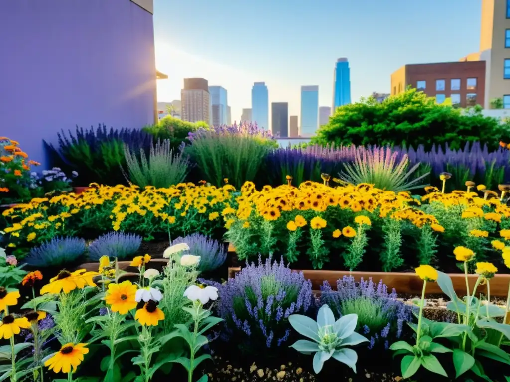 Un jardín urbano vibrante con una variedad de plantas florecientes atrae polinizadores