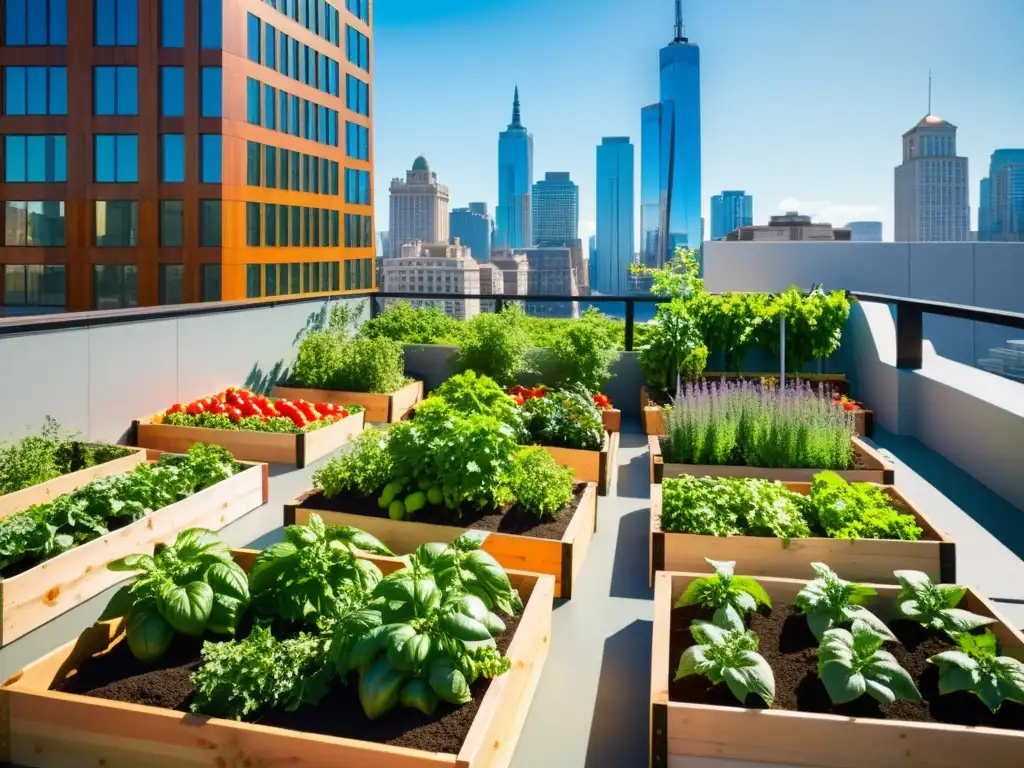 Un jardín urbano vibrante con una variedad de productos orgánicos como tomates maduros, verduras frescas y coloridos pimientos en camas elevadas