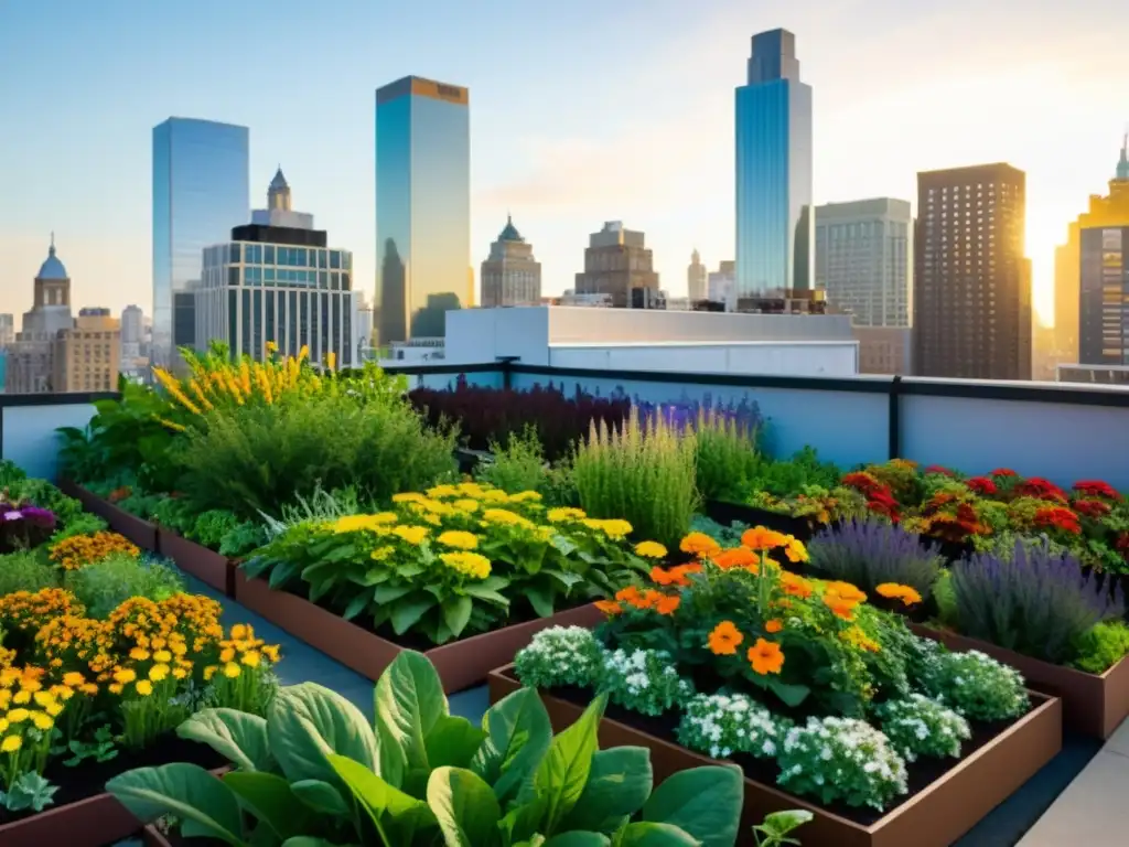 Jardín urbano vibrante con variedades autóctonas, flores coloridas y vegetales, en contraste con rascacielos al fondo