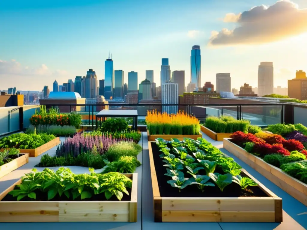 Un jardín urbano vibrante con vegetales coloridos y plantas verdes, creando un oasis urbano