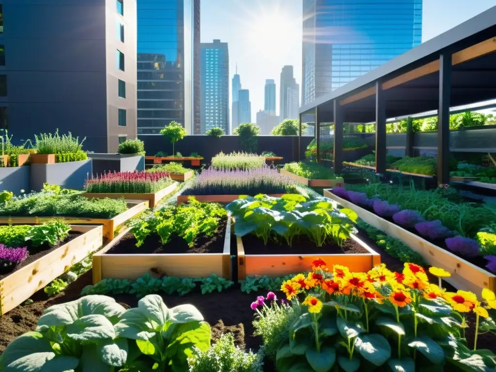 Jardín urbano vibrante con vegetales coloridos y modernos edificios de la ciudad