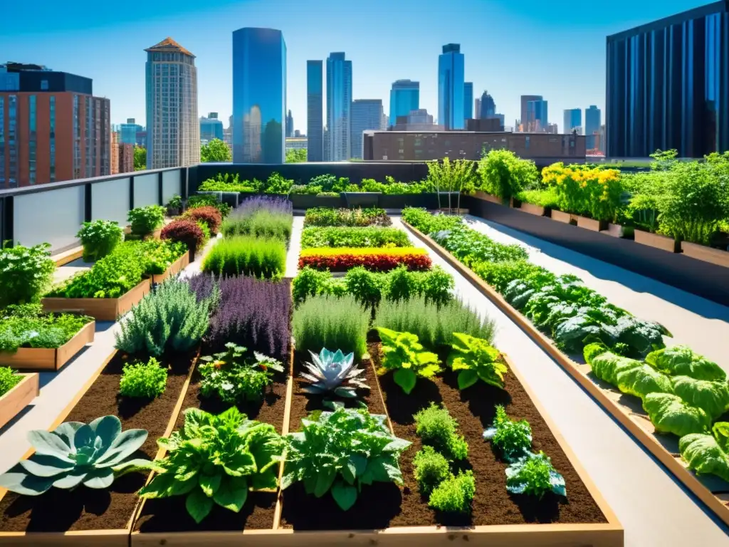 Jardín urbano vibrante con vegetales coloridos y tecnologías sostenibles, reflejando políticas públicas agricultura urbana cambio climático