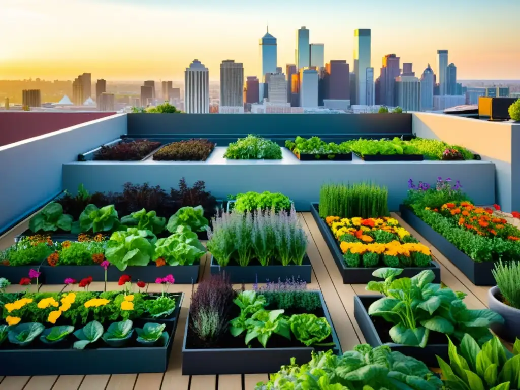 Jardín urbano vibrante con vegetales, flores y plantas en macetas modernas