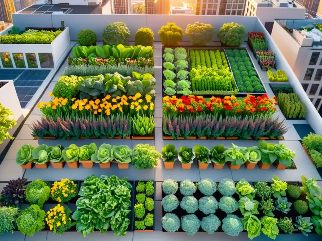 Un jardín urbano vibrante con vegetales y flores rodeado de rascacielos al atardecer