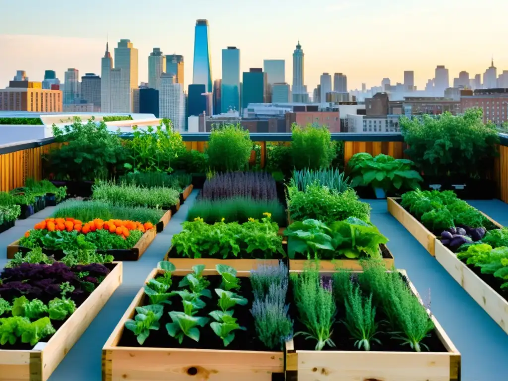 Un jardín urbano vibrante con vegetales, hierbas y flores en armonía con la ciudad