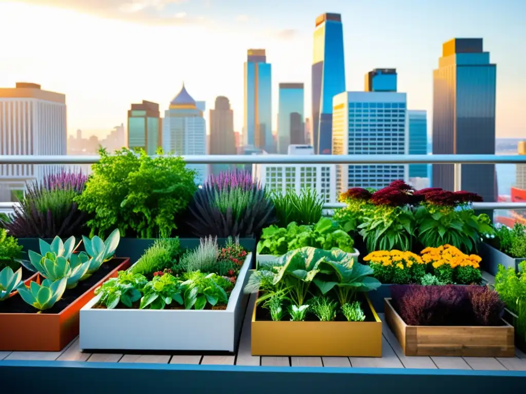 Jardín urbano vibrante con vegetales y hierbas coloridos, en contraste con rascacielos