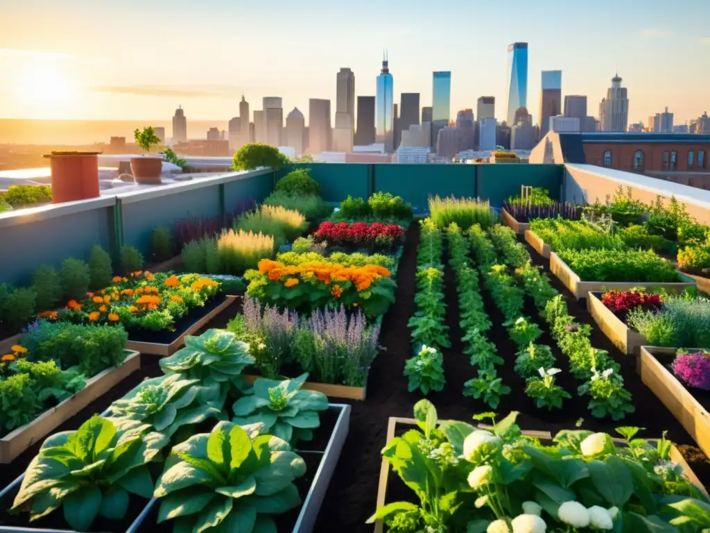 Jardín urbano vibrante con vegetales, hierbas y flores coloridas