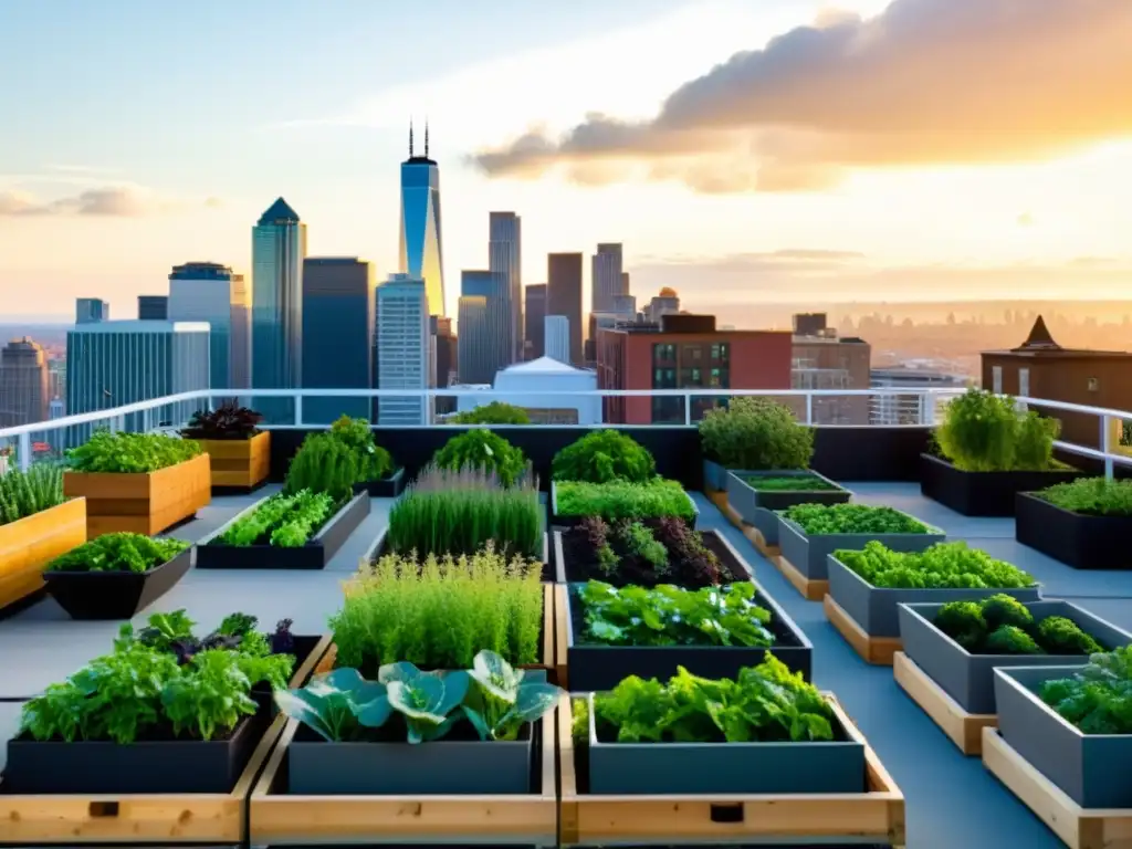 Jardín urbano vibrante con vegetales y hierbas en la ciudad