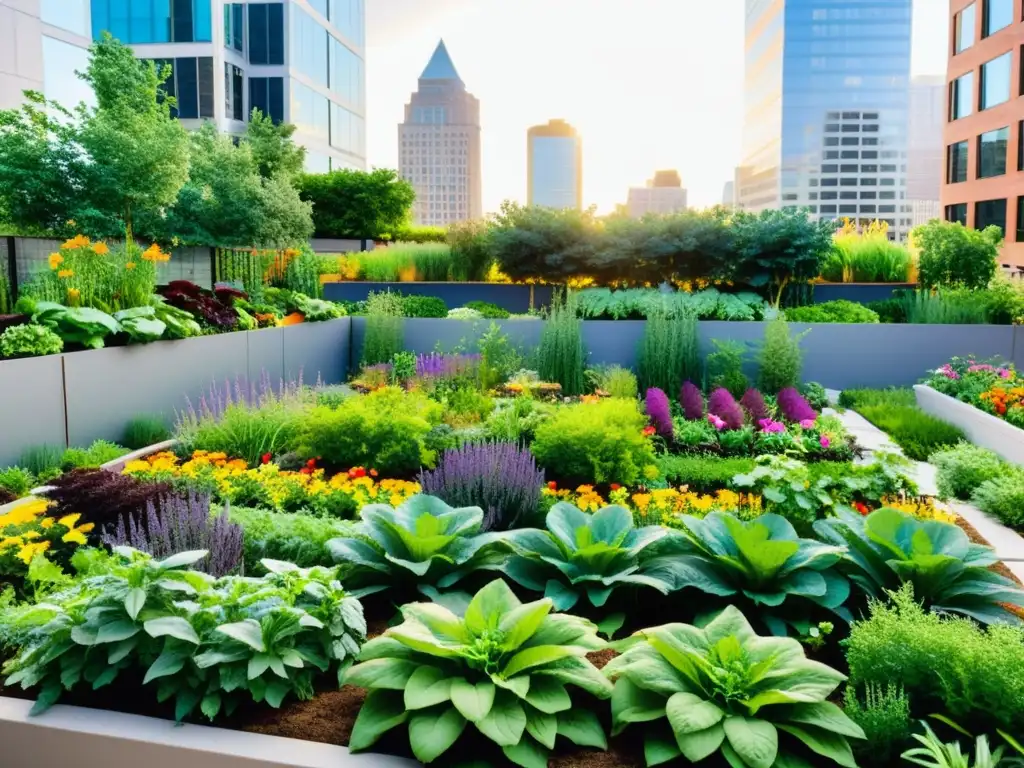 Jardín urbano vibrante con vegetales y hierbas coloridos en la ciudad