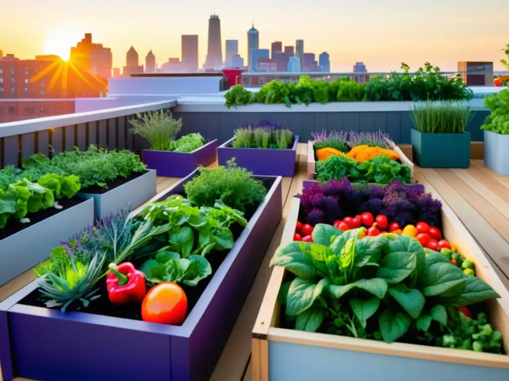 Un jardín urbano vibrante con vegetales y hierbas coloridos