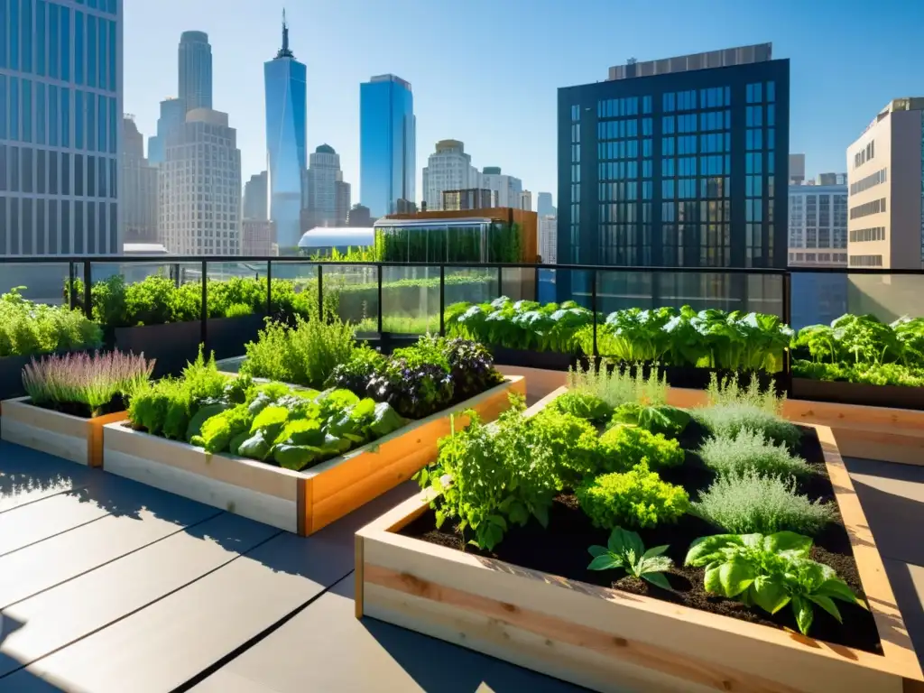 Jardín urbano vibrante con vegetales y hierbas en camas elevadas y maceteros verticales