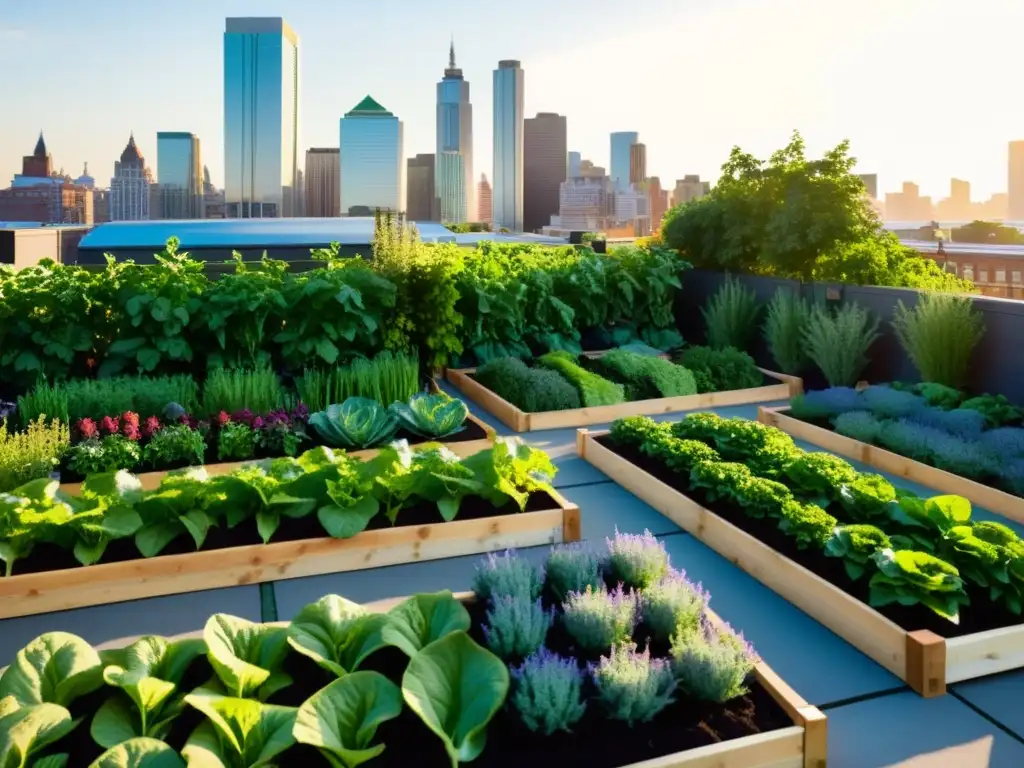 Jardín urbano vibrante con vegetales, hierbas y flores, brindando servicios de agricultura urbana en la ciudad