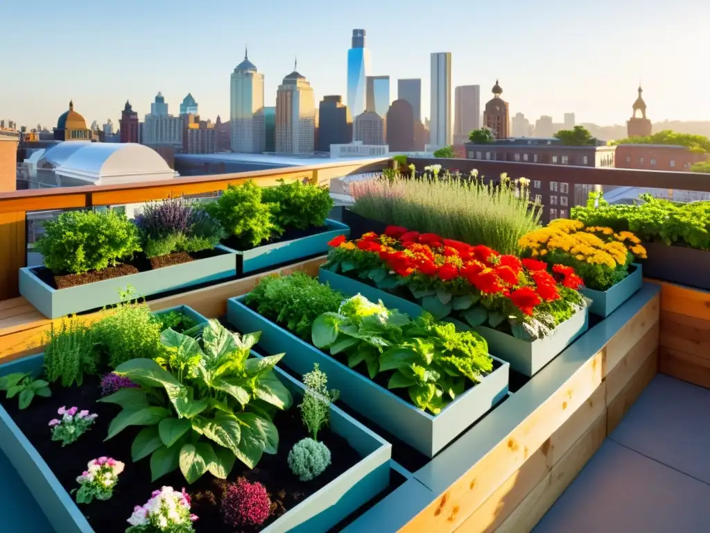 Un jardín urbano vibrante con vegetales y hierbas coloridos en macetas