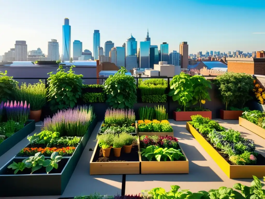 Un jardín urbano vibrante, con vegetales organizados, plantas trepadoras y hierbas