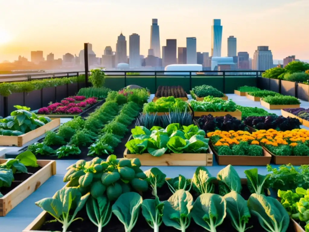 Un jardín urbano vibrante con vegetales verdes, flores coloridas y árboles frutales