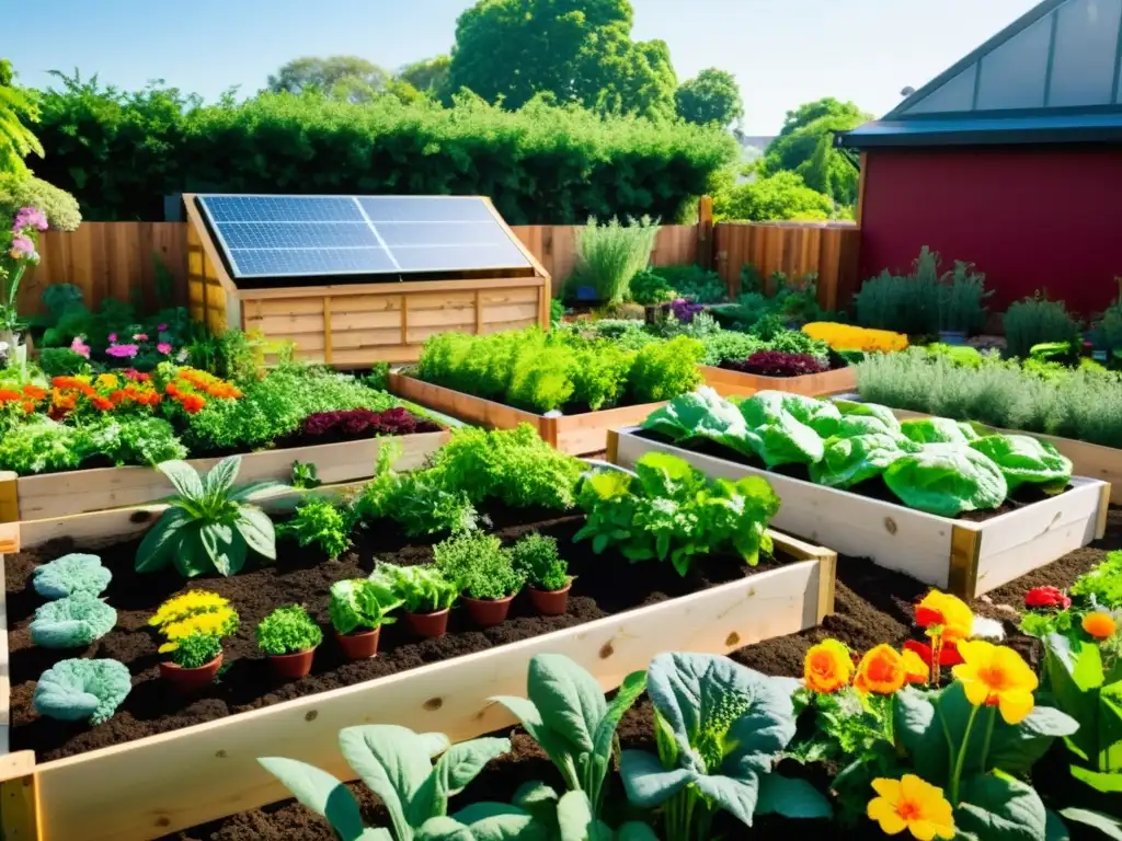 Un jardín urbano vibrante con vegetales verdes y flores coloridas