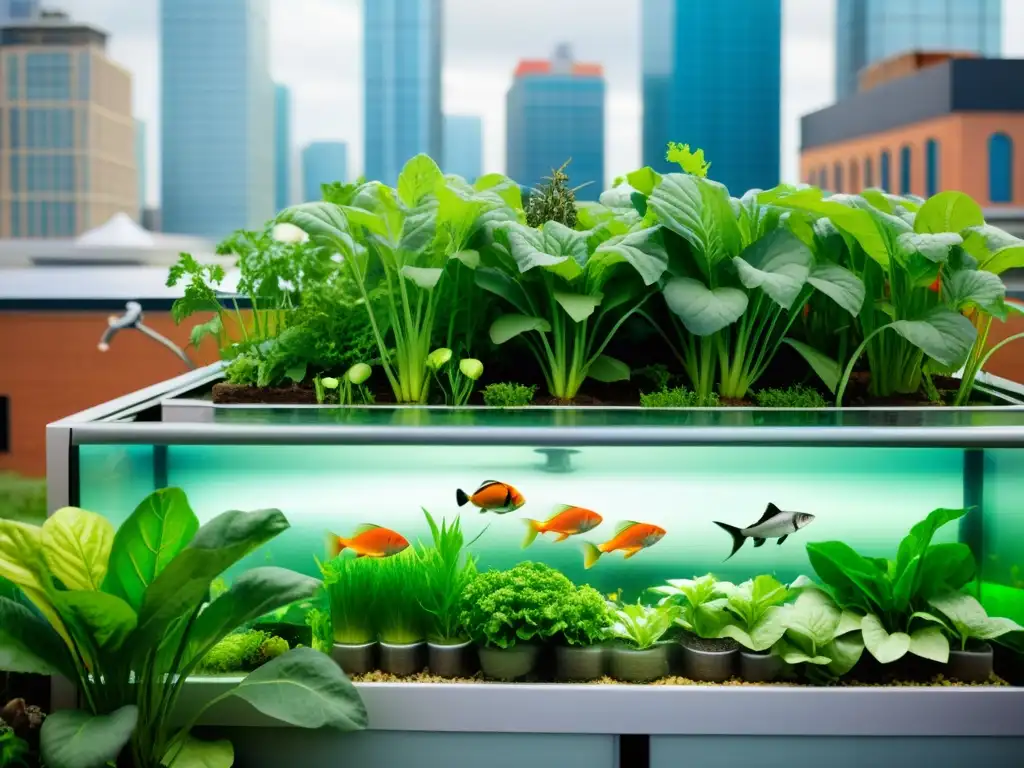 Un jardín urbano vibrante con vegetales verdes y peces coloridos en tanques transparentes, mostrando los beneficios de la acuaponía en la alimentación familiar