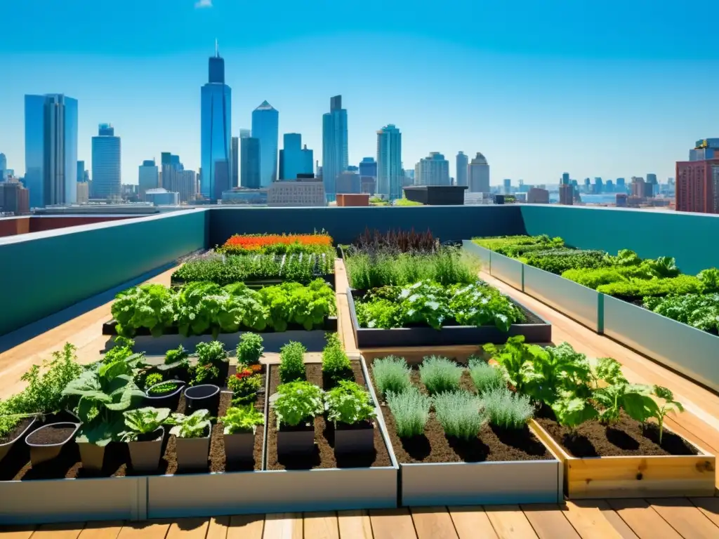 Un jardín urbano vibrante con verdor exuberante y hortalizas coloridas, rodeado de rascacielos y un cielo azul