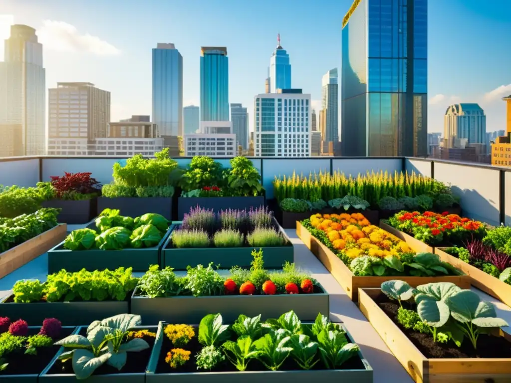 Un jardín urbano vibrante con verdor exuberante, flores coloridas y cultivos variados en cajas de cultivo