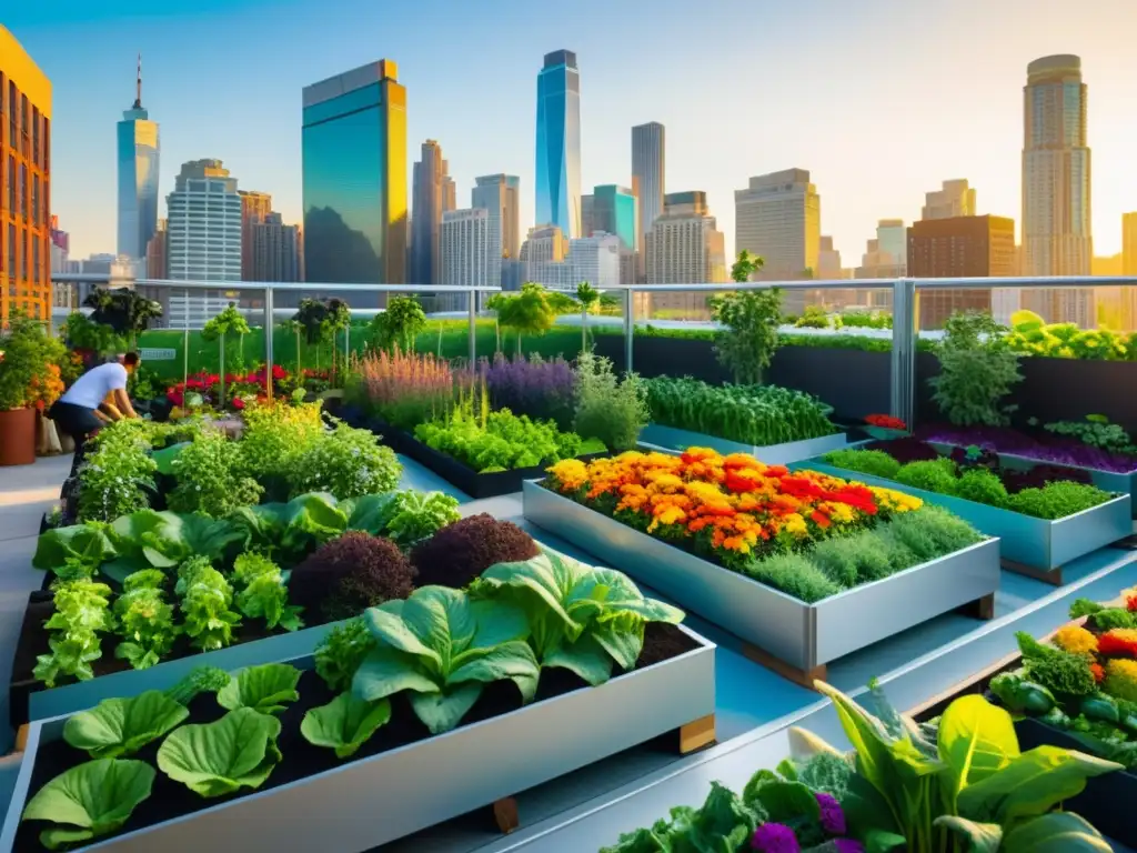 Jardín urbano vibrante con verduras y flores, integrando la agricultura urbana acuaponía gobierno papel en medio de la ciudad moderna