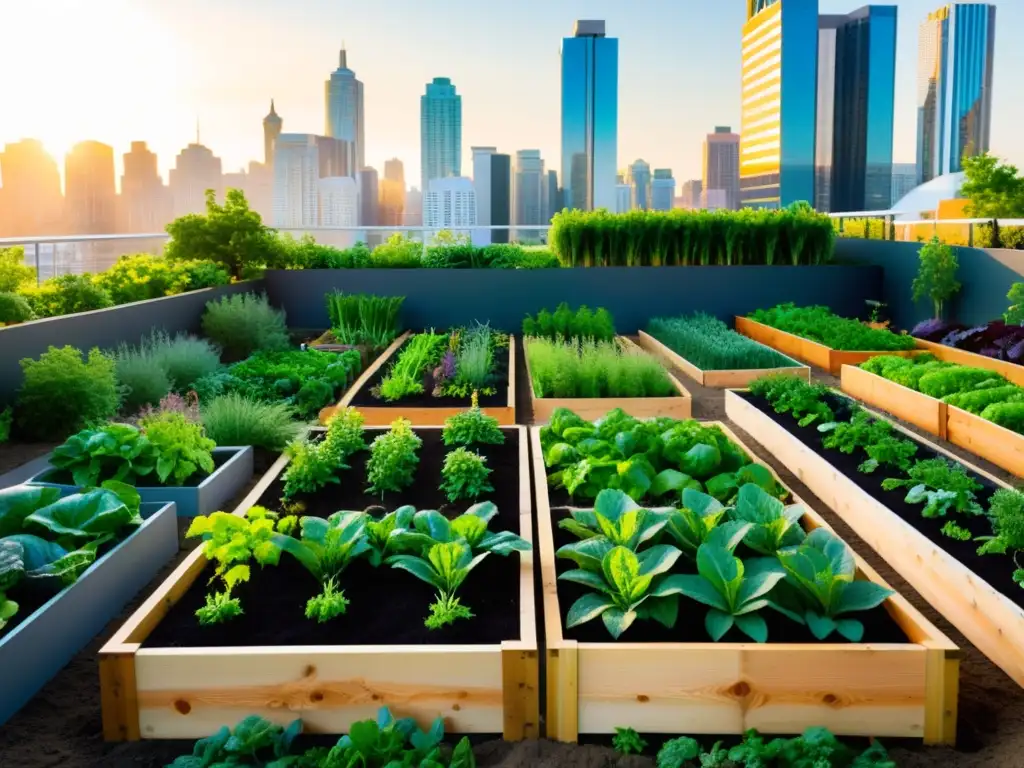 Un jardín urbano vibrante con verduras y hierbas coloridas, bañado por el sol