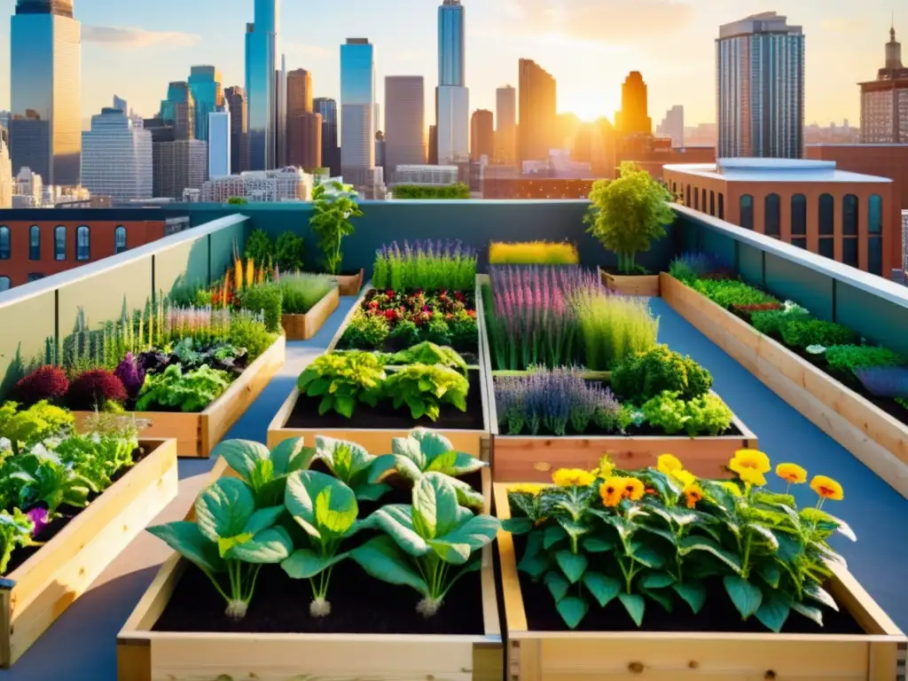 Jardín urbano vibrante con verduras y hierbas coloridas en camas elevadas y jardineras verticales