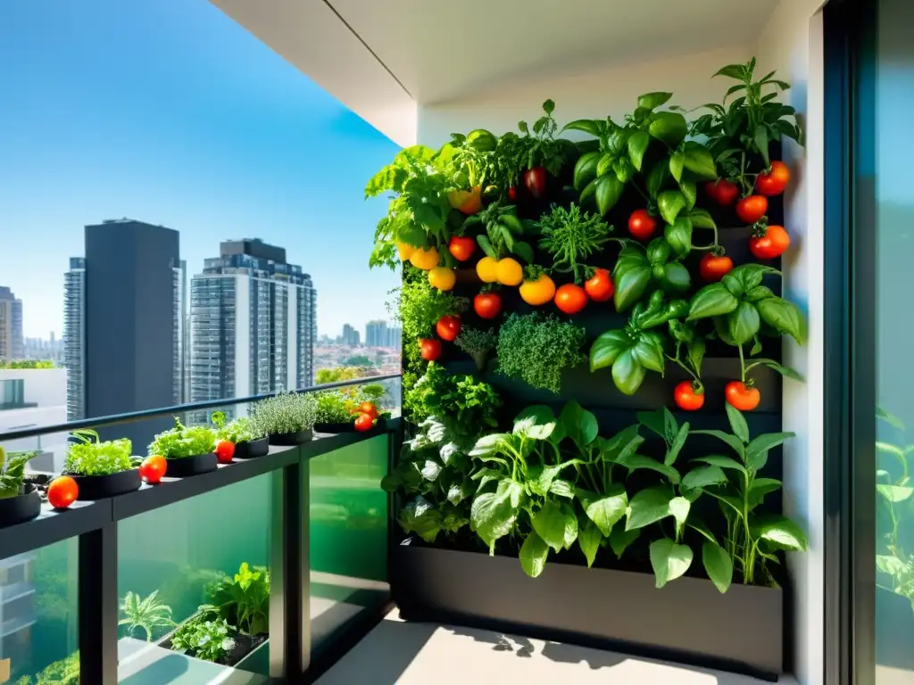 Balcon urbano con vibrantes cultivos para huertos verticales urbanos, lleno de vida y colores bajo la luz del sol