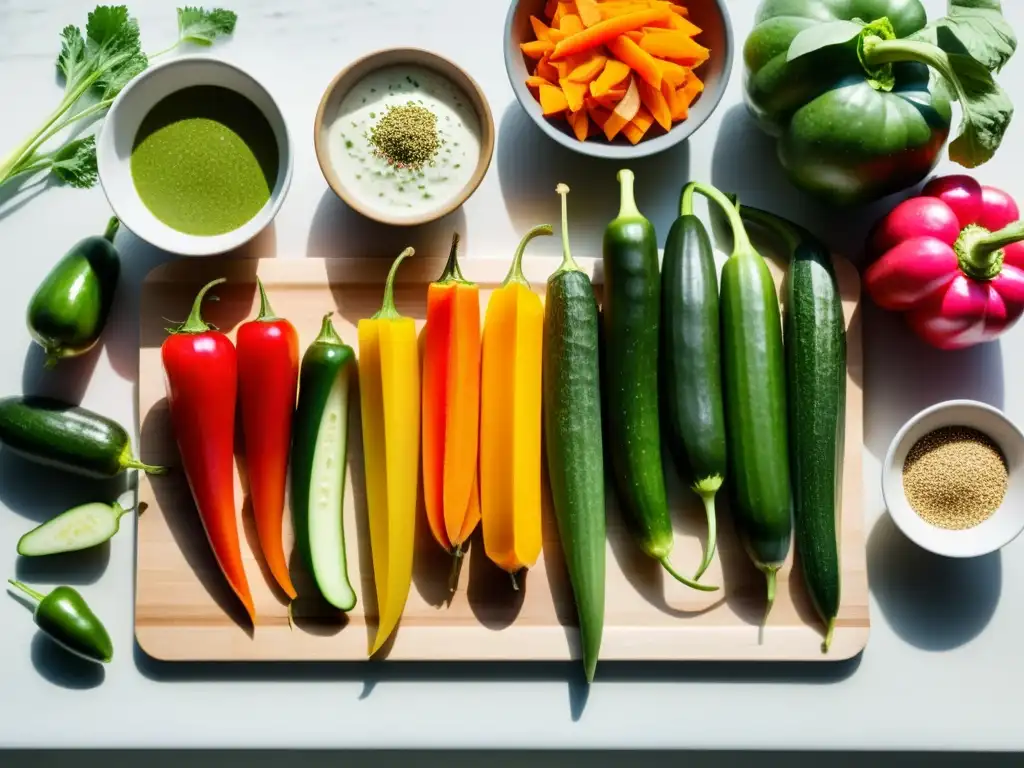 Una variedad de coloridas verduras frescas en un tablero, rodeadas de especias para pickles, evocando frescura y creatividad culinaria