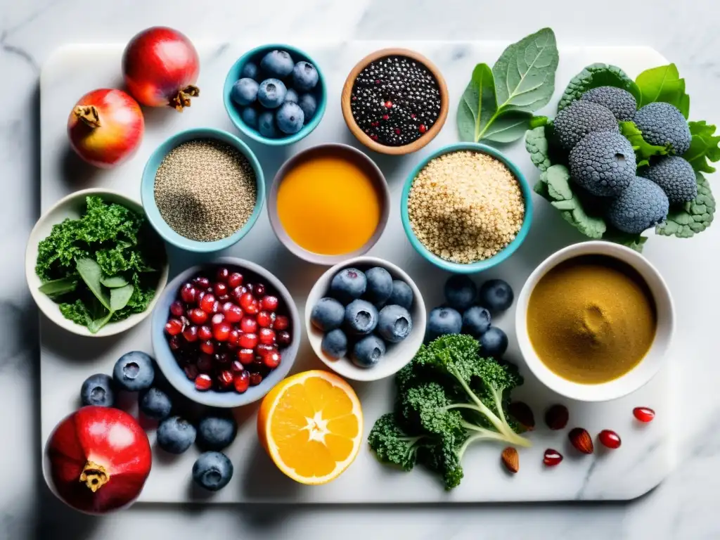 Variedad de superalimentos coloridos en una tabla de cortar de mármol, mostrando la diversidad de nutrientes esenciales de cultivos huertos urbanos