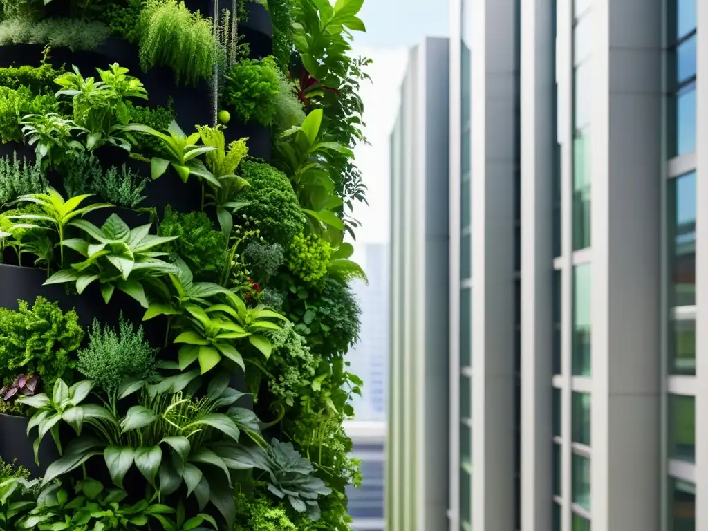 Variedades de plantas para climas urbanos hostiles: Un jardín vertical rebosante de vida, en contraste con la modernidad urbana