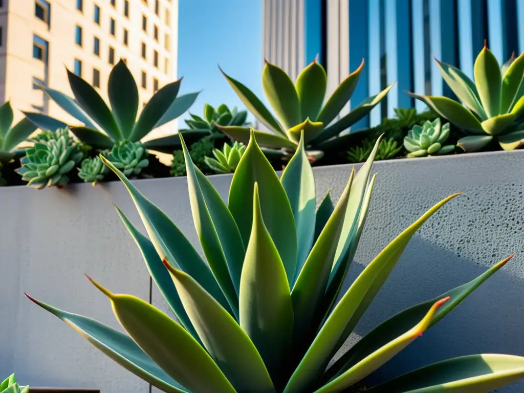 Variedades de plantas para climas urbanos hostiles: Detalle vibrante de suculentas verdes en contexto moderno y dinámico