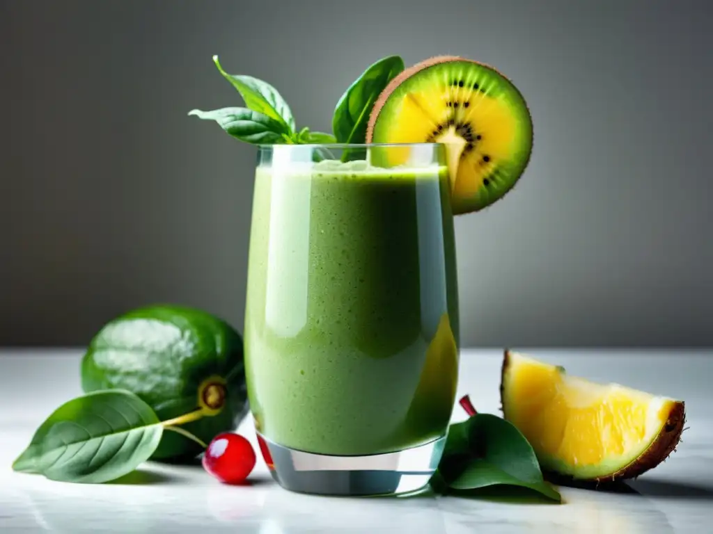 Un vaso moderno con un vibrante smoothie verde rodeado de frutas frescas y espinacas